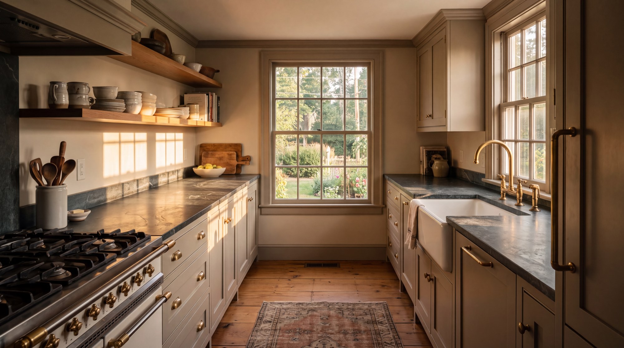 A renovated kitchen in warm evening light