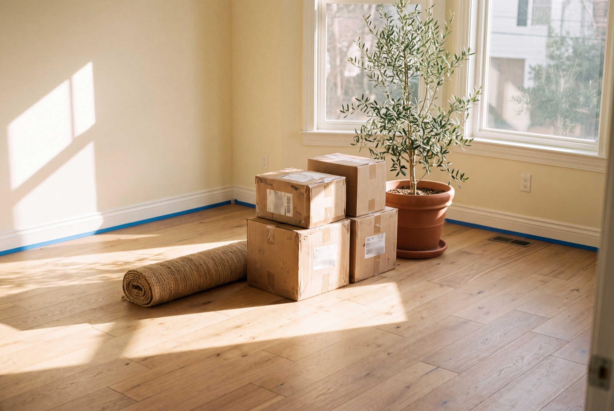 Moving boxes in an empty sunlit room