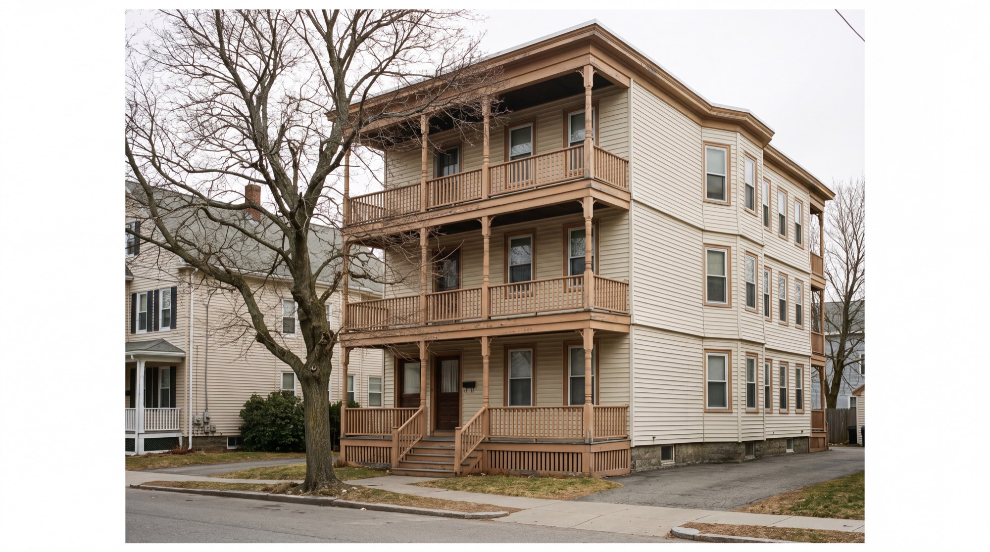 A New England triple-decker on a quiet street