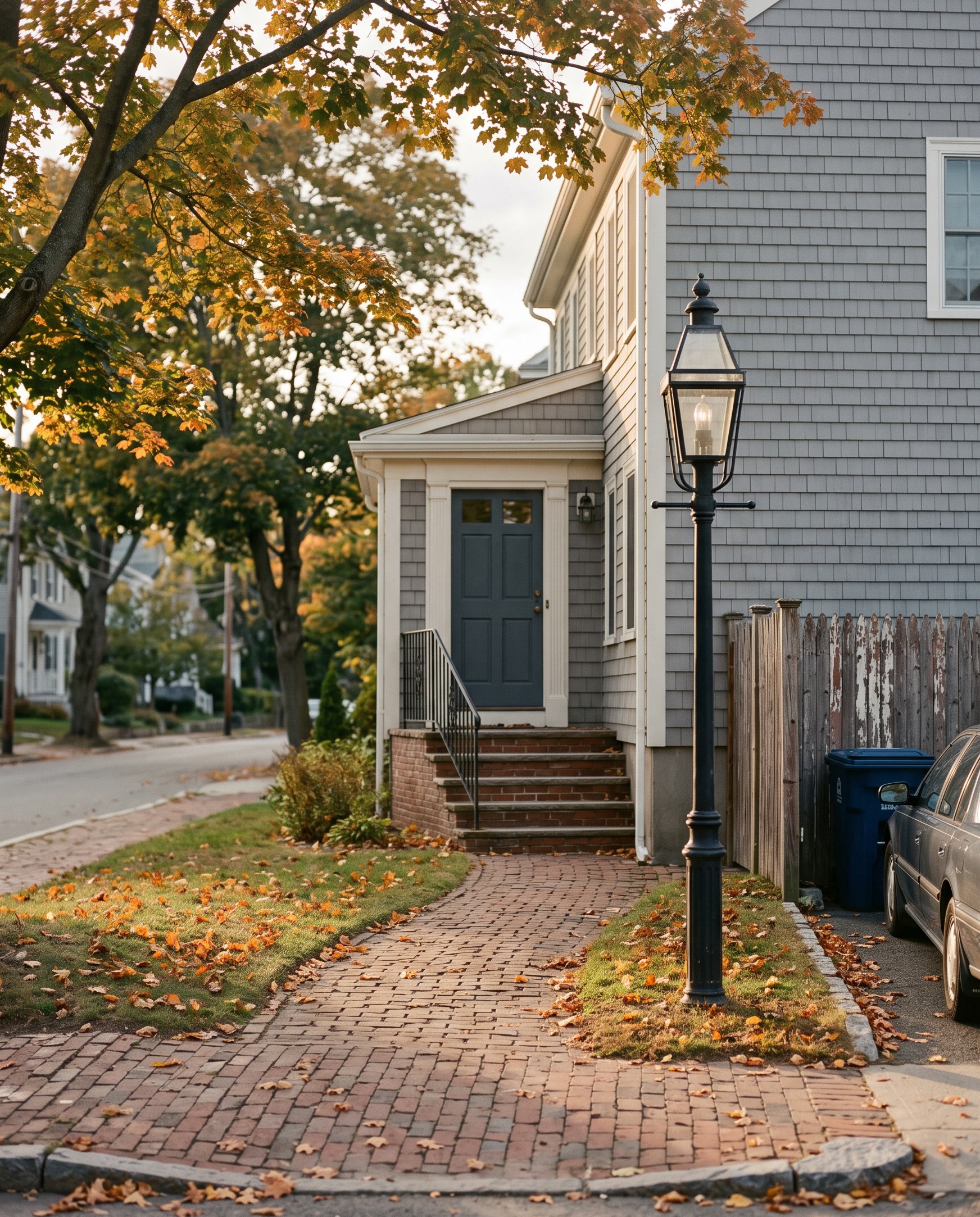 Massachusetts fall housing market 2026: front steps of a New England colonial house in a Newton neighborhood in early autumn. September new listings up 42 percent.