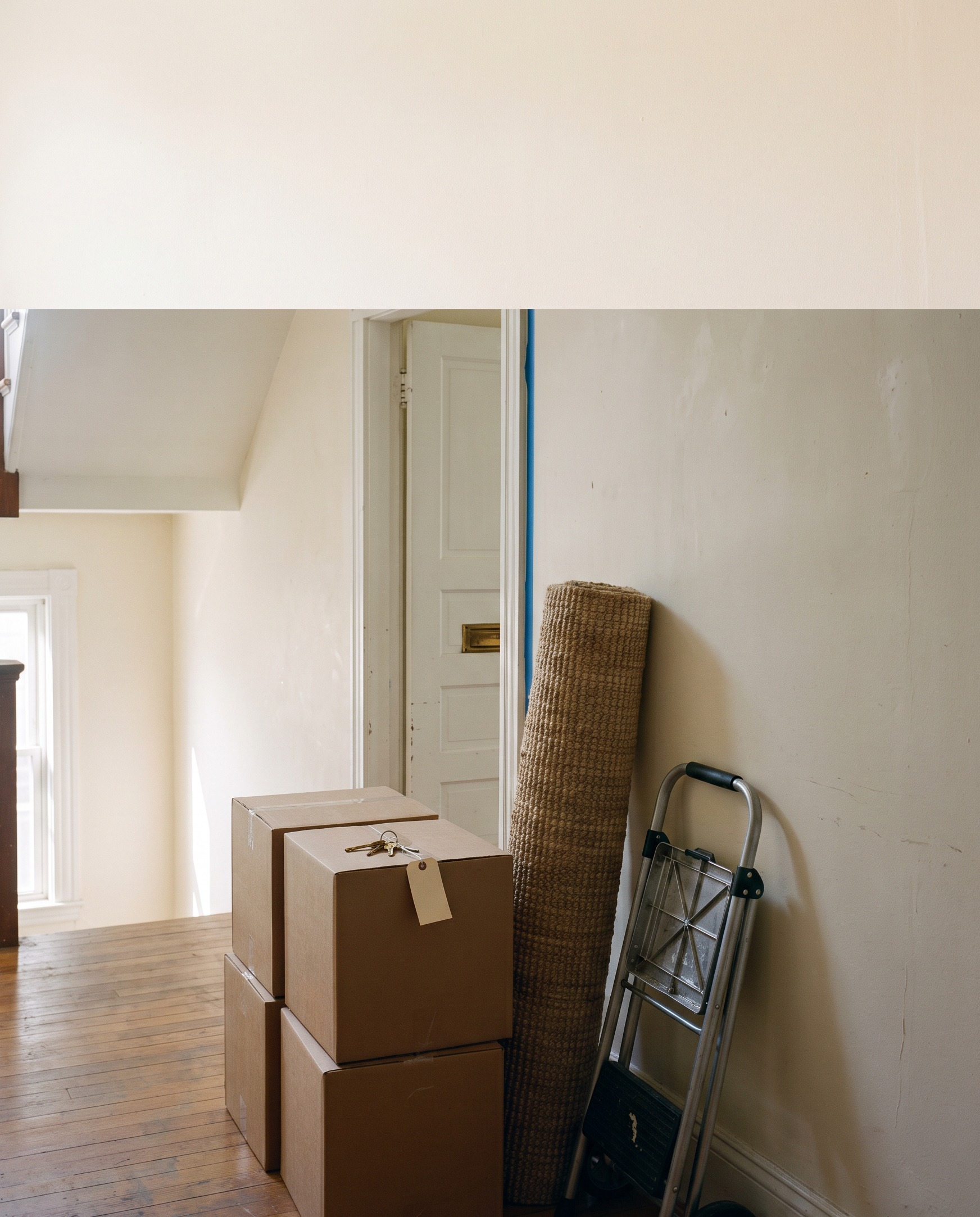 Boston September 1 moving day: stacked moving boxes and keys in an Allston apartment hallway. About 70% of Boston leases turn over on Sept 1.