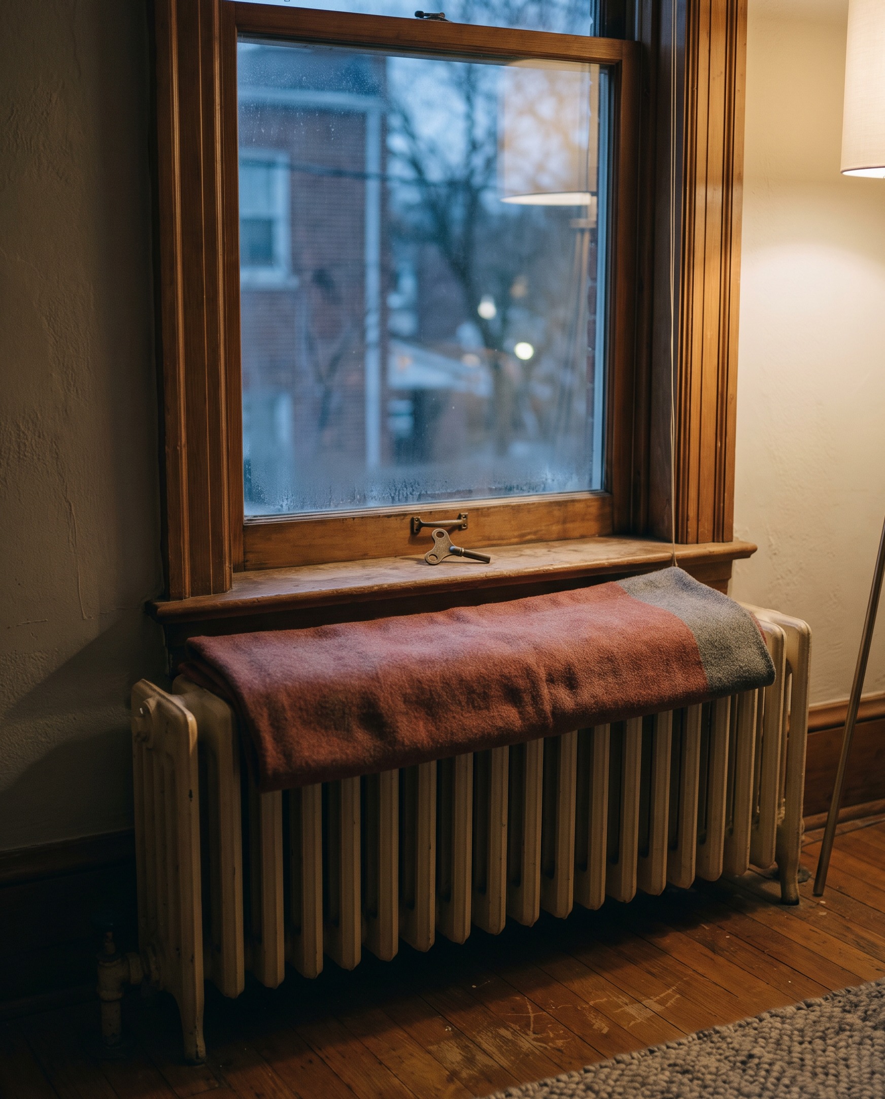 Massachusetts heating law: cast iron radiator under a Boston apartment window. Heating season starts September 15, minimum 68°F.