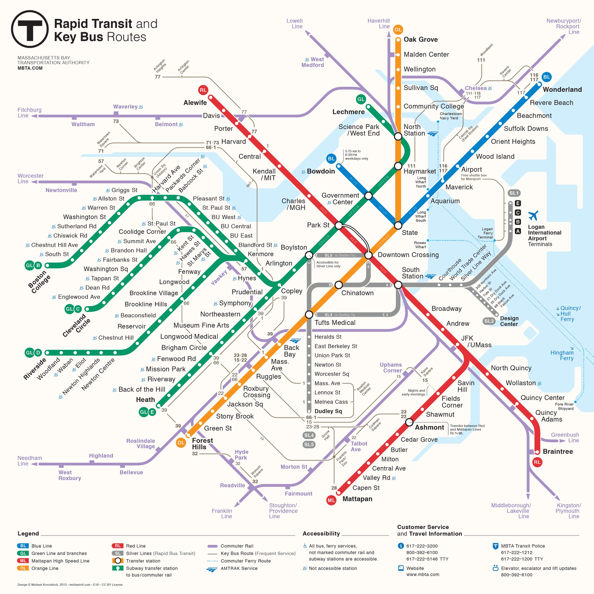 MBTA rapid transit map of Greater Boston